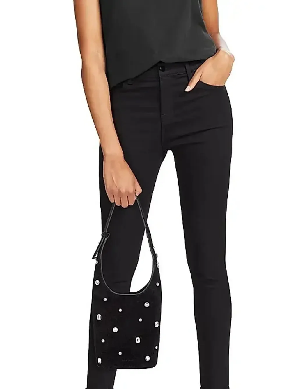 NWT Veronica Beard Small Crystal-Embellished Suede Shoulder Bucket Bag Black